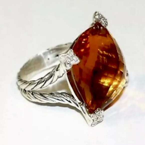 David Yurman Citrine On Point Silver Cable Ring Diamonds 20mm Cushion Cut 6.5 - Picture 7 of 10